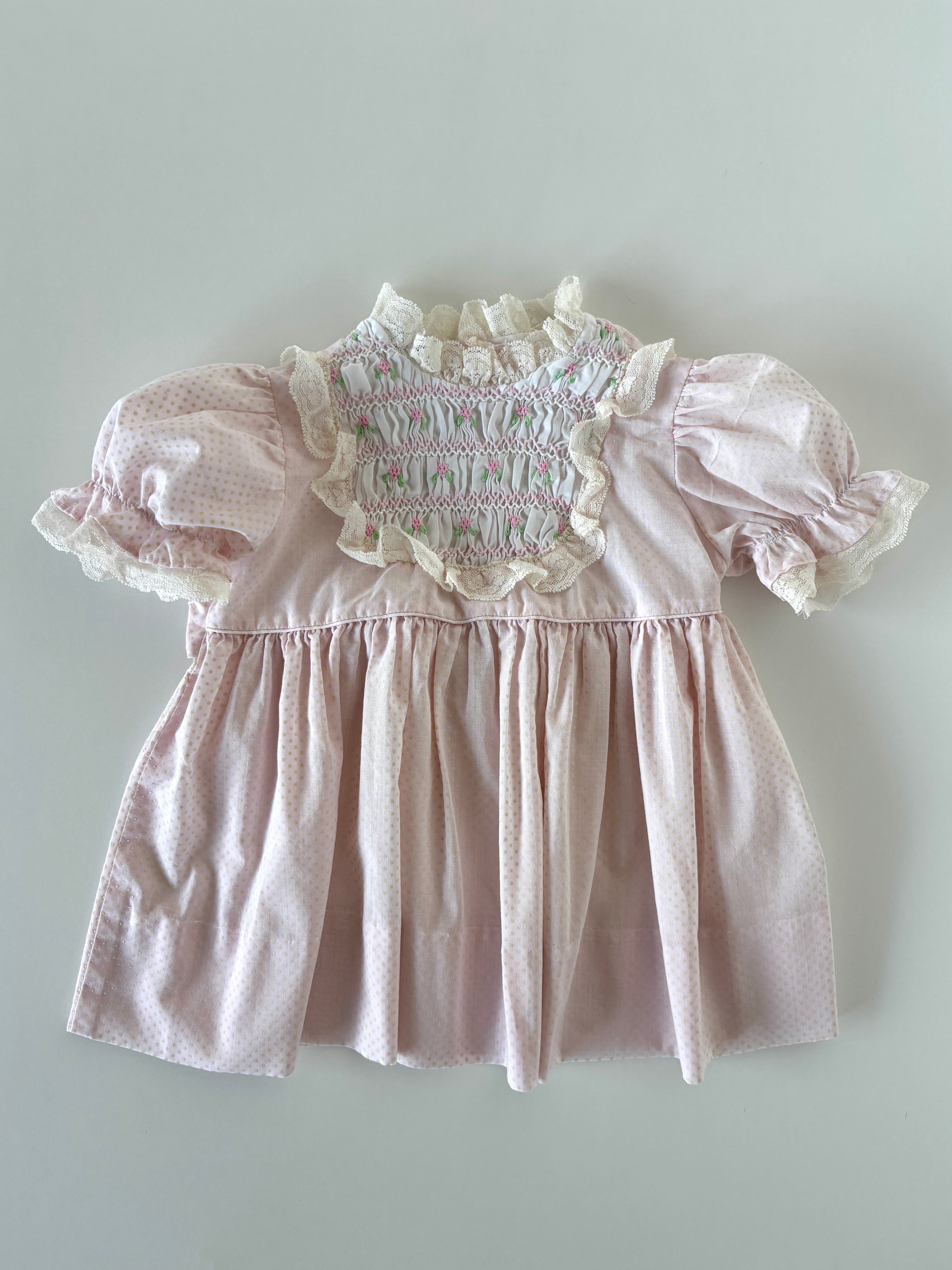 【6-9m相当・vintage】フローラル×ドットdress