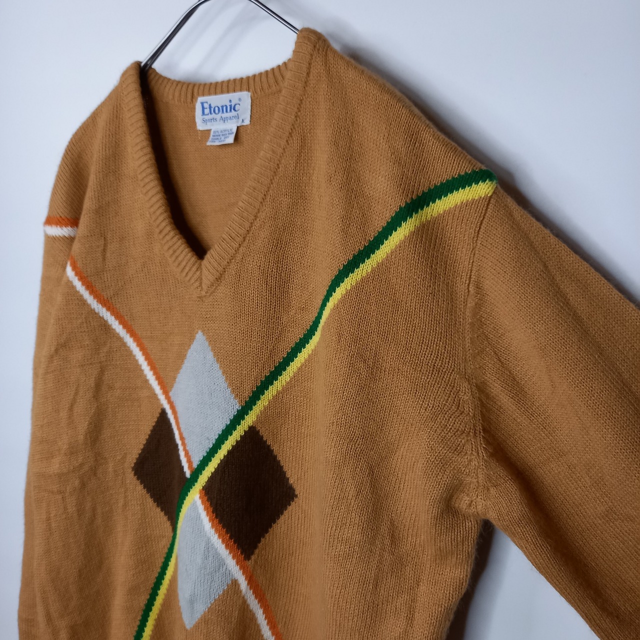 90s　台湾製　Etonic Sports Apparel　Vネック　アクリルニット　セーター　アーガイル　中厚手　ベージュ　L