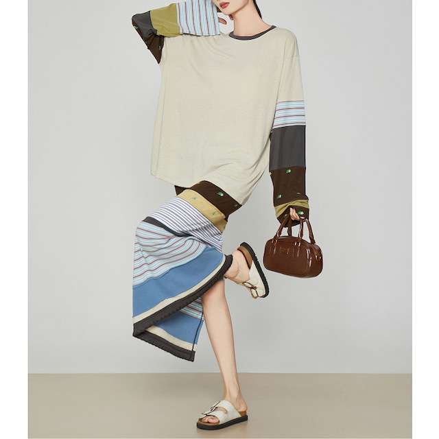spliced striped knit top & skirt<ss3129>