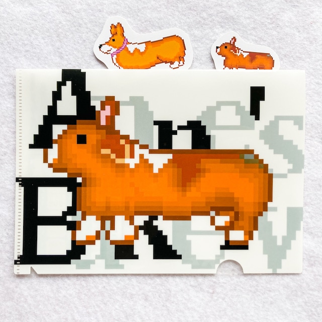 クリアファイル A5サイズ ジャニスとパン屋さんのロゴ【Anne's Bakery】ドット絵 ウェルシュコーギー 仔犬