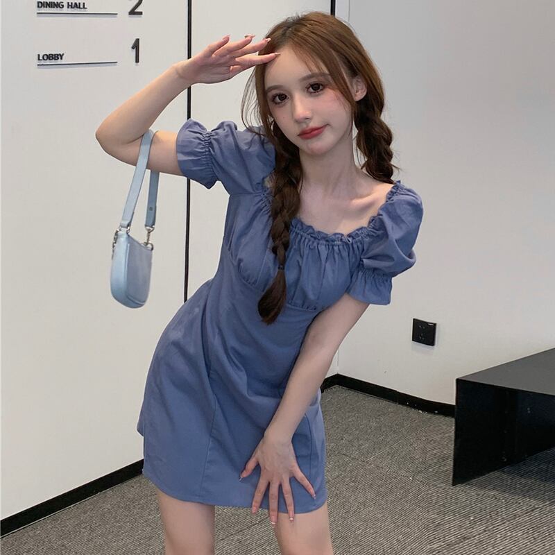 スタンダードスリーブドレス 半袖スリムスカート ショート レトロ ハーフスリーブ 大人ガーリー スウィート キュート カジュアル スクウェア ハンチェンe92062925694