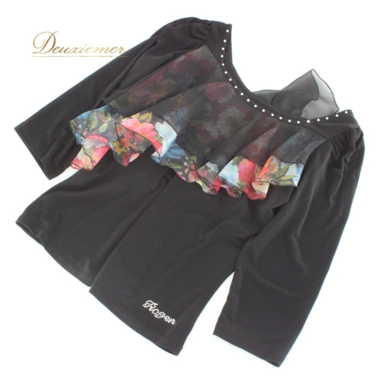 社交ダンス 衣装 スタンダード トップス レッスンウェア 黒 花柄 ラインストーン ブラック系 セクシー かわいい おしゃれ フォーマル ニュースタイル 伸縮性 パーティー ダンスウェア スタイリッシュ 上品 モダン フラワー デザイン 美しい おすすめ レディース 丈感 調整可能 エレガント