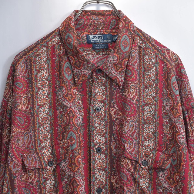 90s POLO by Ralph Lauren ラルフローレン CROFTS ペイズリー柄 総柄 レーヨンシャツ ヴィンテージ 長袖 ビンテージ USA アメリカ古着 メンズXXLサイズ