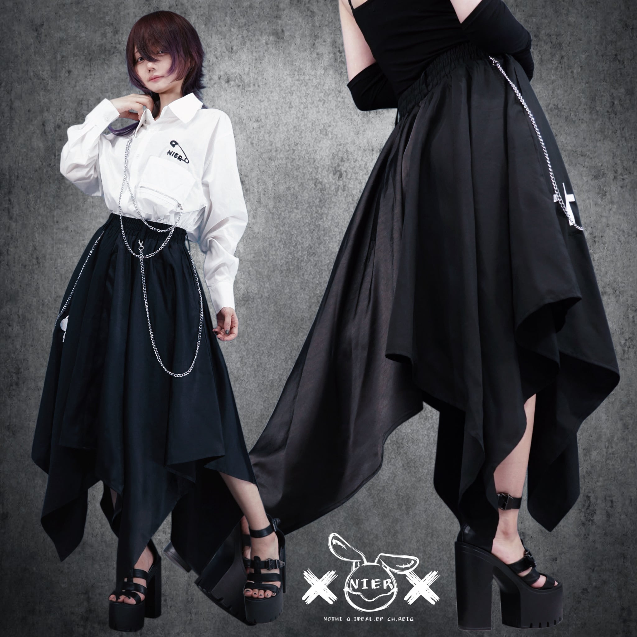 新品 ch!iiibag チー Sweat Asymmetry Skirt 黒 チェーン付きUNISEX DUAL FABRIC ASYMMETRY SKIRT【CROSS刺繍】 | NIER