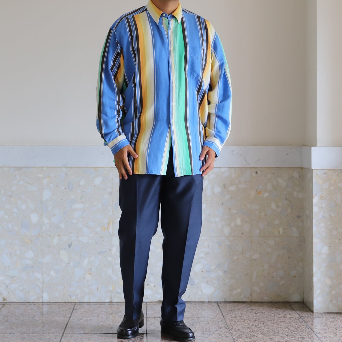 極美品】80s Ralph Lauren special silk linen shirt Blue Stripe big