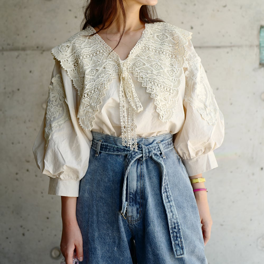 ❖KOREA 刺繍Flower花柄レースパフスリーブブラウスシャツ レディース