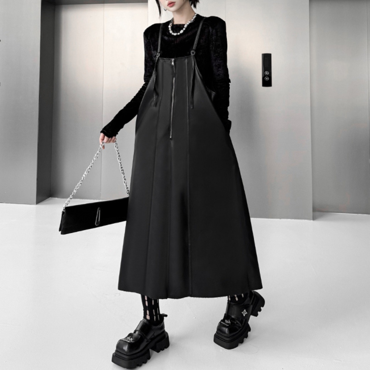 PU suspender midi dress(ME035)