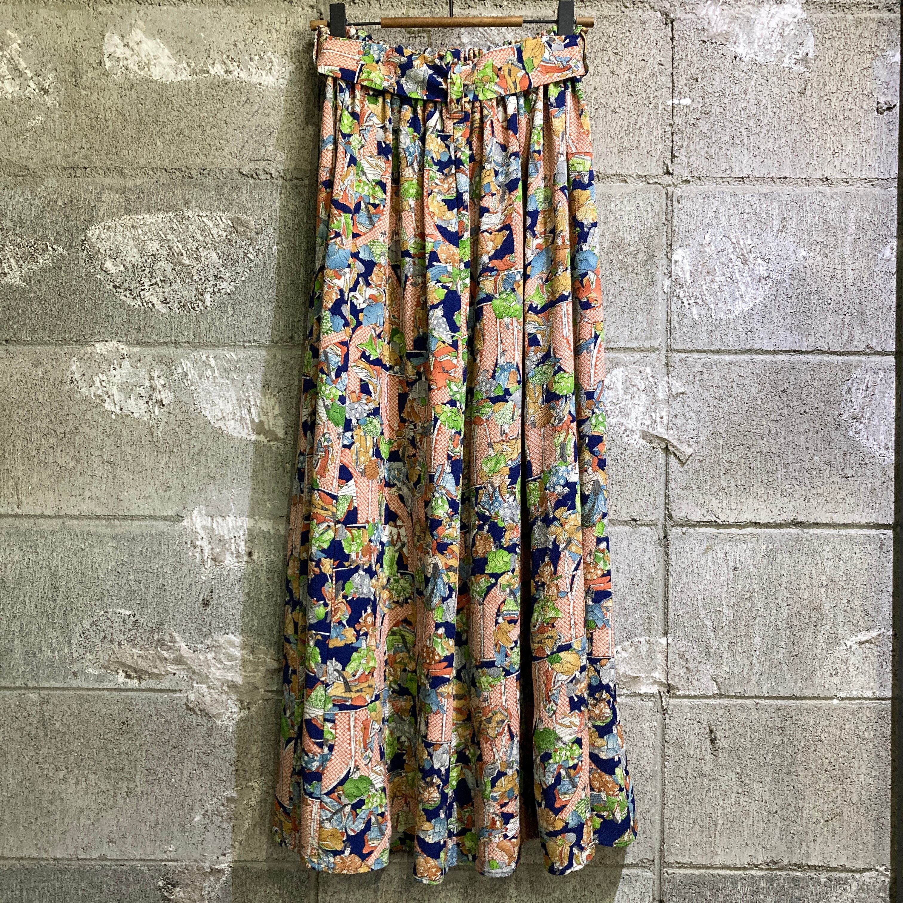 着物リメイクギャザーロングスカート - kimono elastic waist skirt