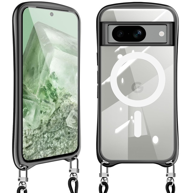 looodoomo Google Pixel 8A 用の ケース ショルダー クリア MagSafe対応 ピクセル8a スマホケース 肩掛け(ブラック)