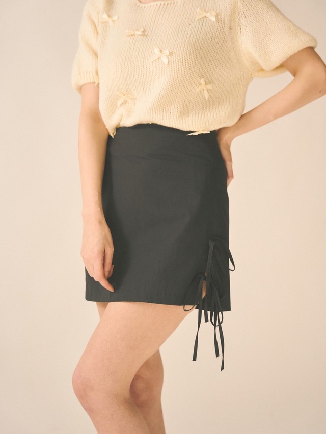 【LAST1】double ribbon slit skirt
