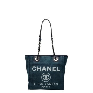 シャネル ドーヴィル チェーン トートバッグ ショルダーバッグ ネイビー キャンバス レザー レディース CHANEL 【中古】