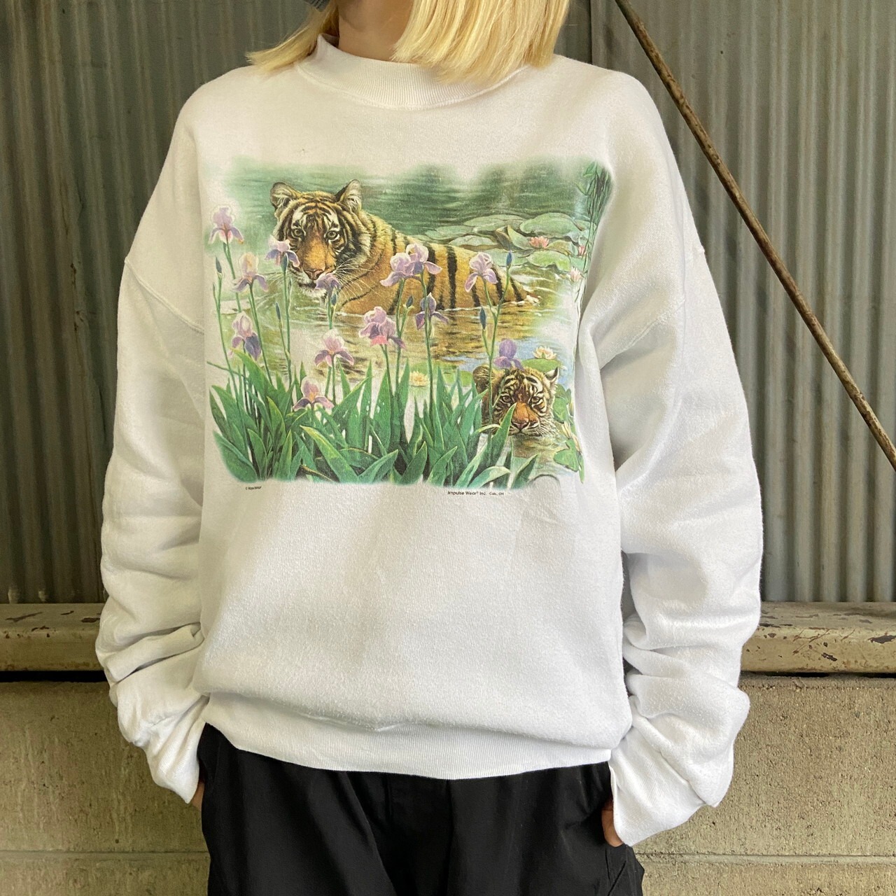 虎 アヤメ アート アニマル フラワー プリント スウェットシャツ 