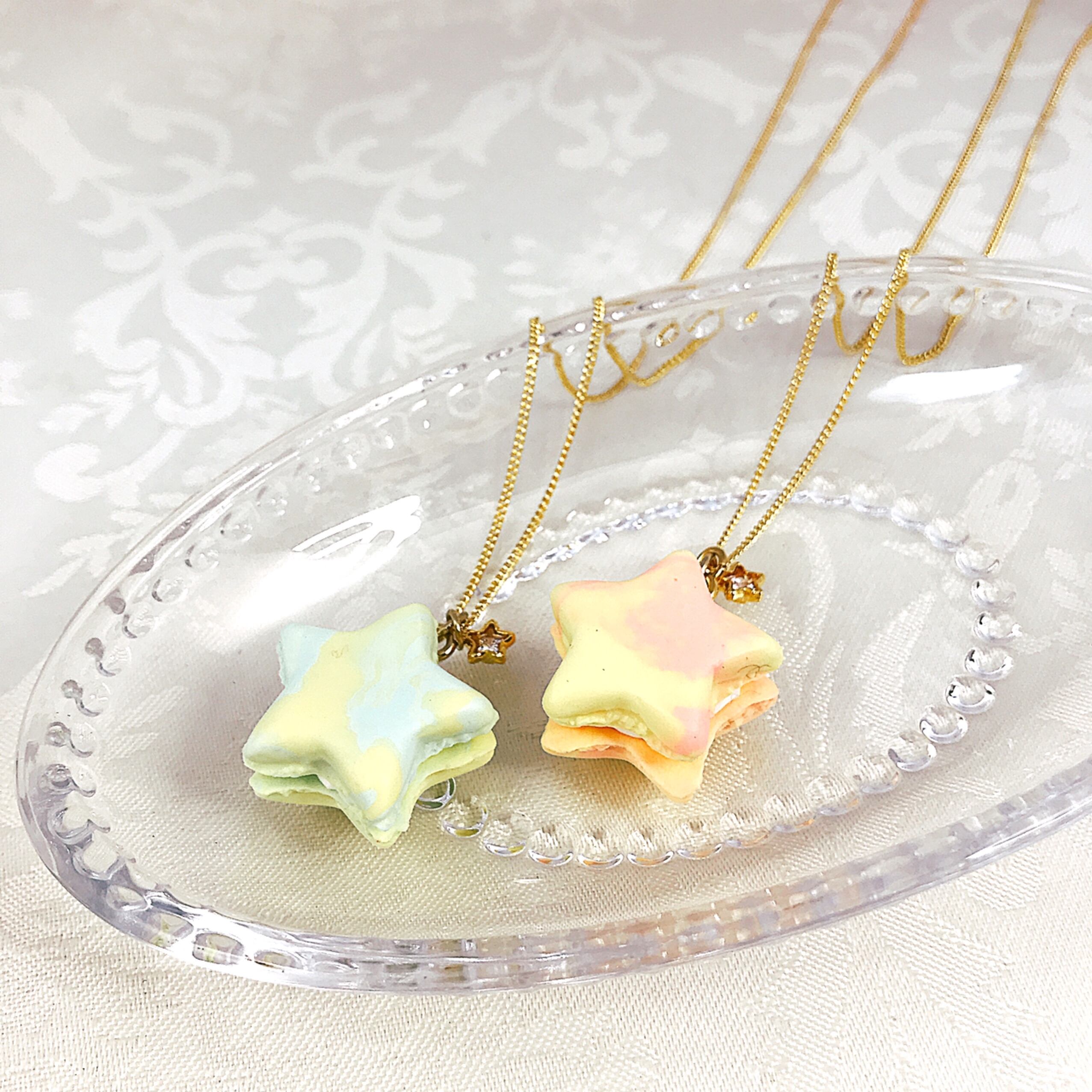 星のマーブルマカロンネックレス】キュービックジルコニアチャーム付