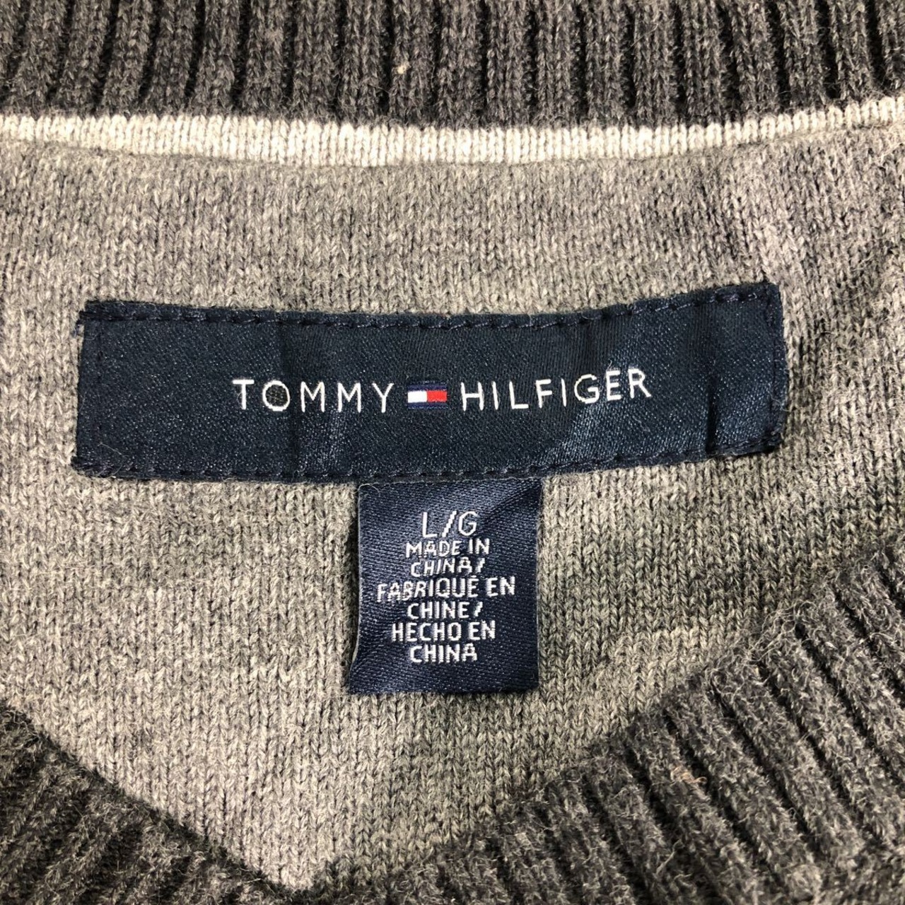 TOMMY HILFIGER コットン ニット セーター L グレー ボーダー Vネック 