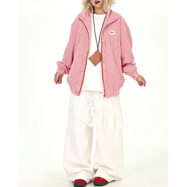 red windowpane frill jacket　レッドウィンドウペンフリルジャケット　J1393