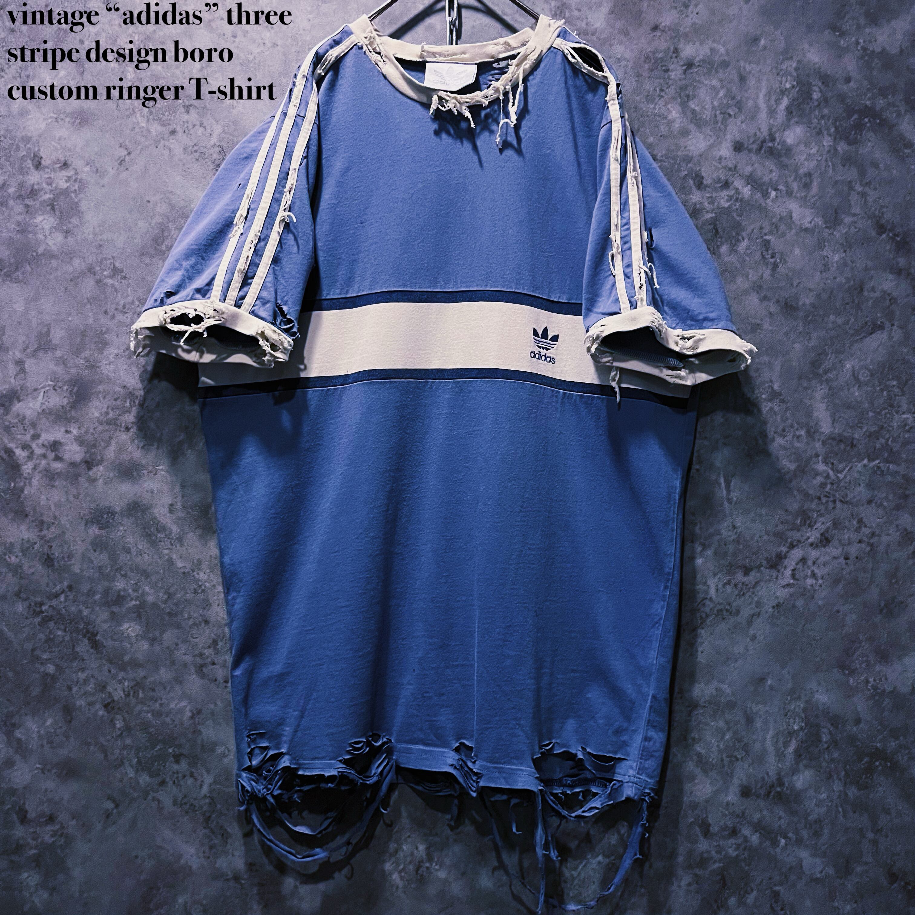 【doppio】vintage “adidas” three stripe design boro custom ringer T-shirt