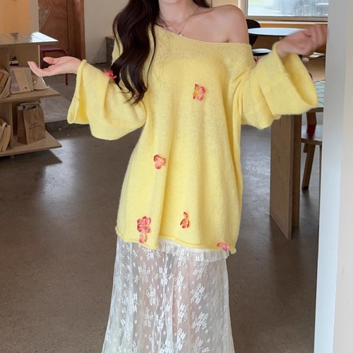 【2点セット】フラワーモチーフルーズニット＋シアーレースマキシスカート ・72428