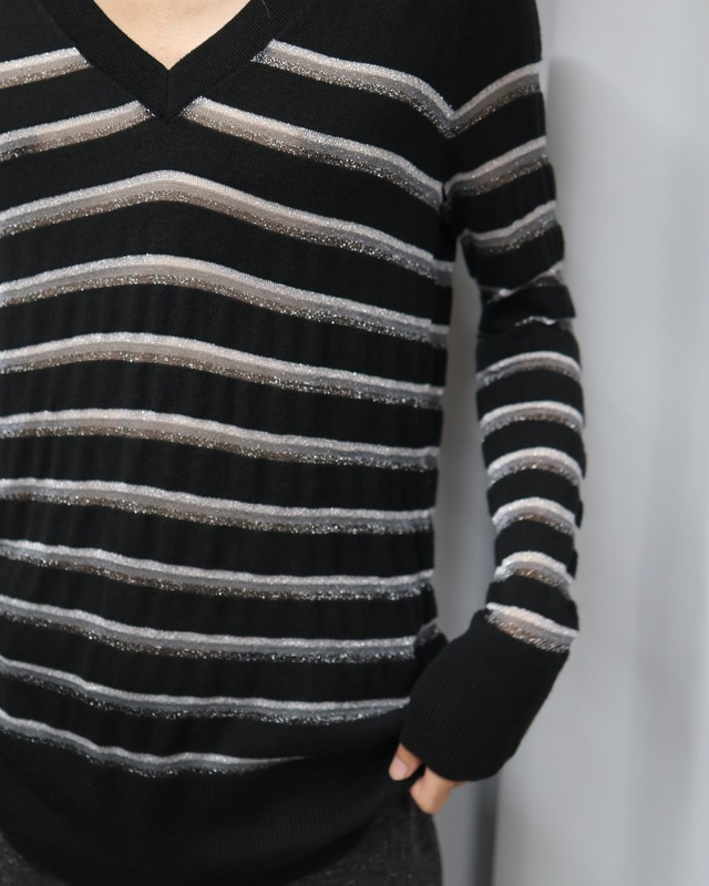 Border sheer v-neck knit