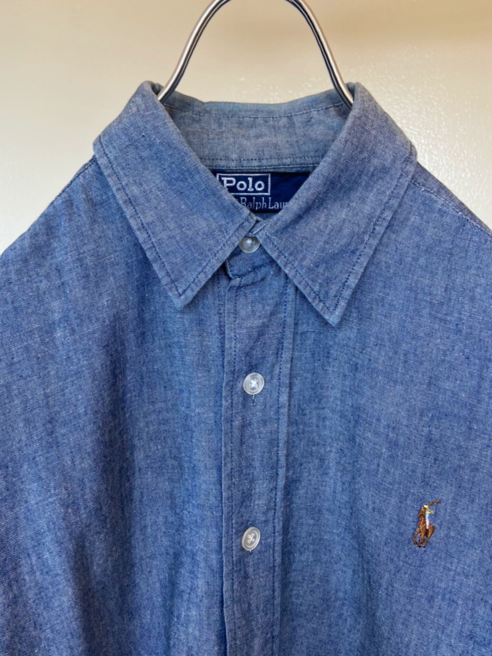 90s 古着 POLO RALPH LAUREN/ラルフローレン デニムシャツ  刺繍ロゴ入り長袖  トップス 