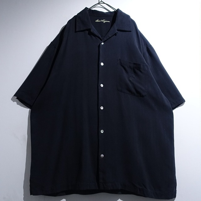 Black Shadow Stripe Design Silk Open-Collar S/S Shirt