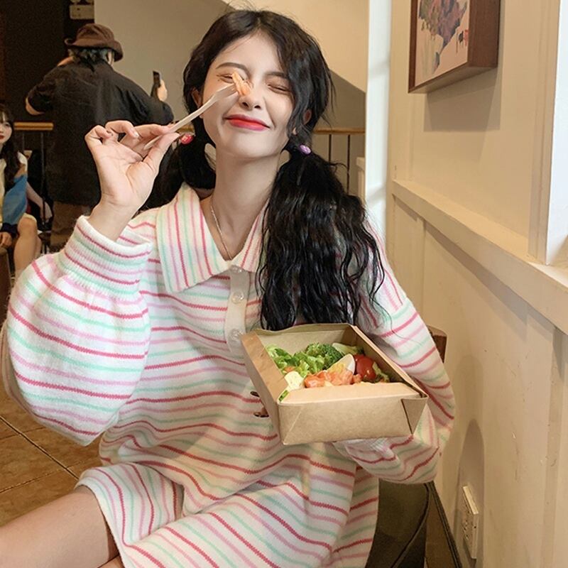 ストライプセーター スプリングオータムルーズカラープルオーバー 春物 秋物 スーパーモール99013517212