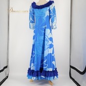 フラダンス 衣装 ワンピース ドレス ブルー系 CC Fashions ハワイアンプリント 七分袖 アロハ フリル グラデーション かわいい 華やか 鮮やか さわやか 上品 大人っぽい ふんわり ホワイト系 青 水色 白 フラ ダンス 大人用 パーティー おしゃれ エレガント リゾート ティアード デザイン フェミニン ファッション