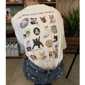 Cat Print Loose Round T-Shirt <2colors>