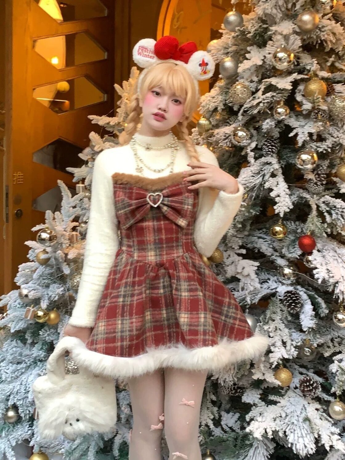 チェック 赤 リボンガーリー 姫 ロリータ チェック オレンジ ブラウス 