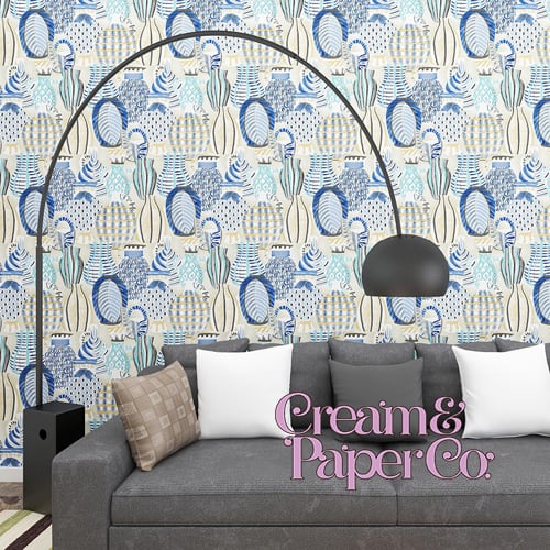 【切り売り】ウォームグレー×ブルー・ライトブルー つぼ柄 FL1-778603MT for DIY 幅53㎝ リピート64㎝