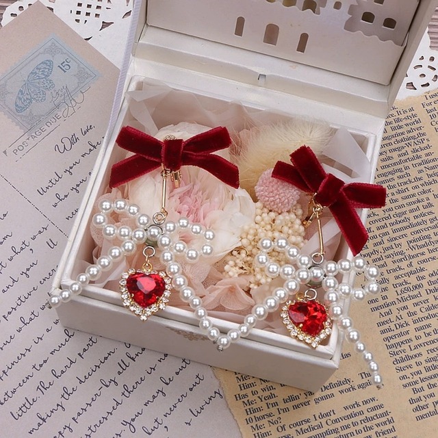 【推しカラー】ハートビジュー りぼんイヤリング