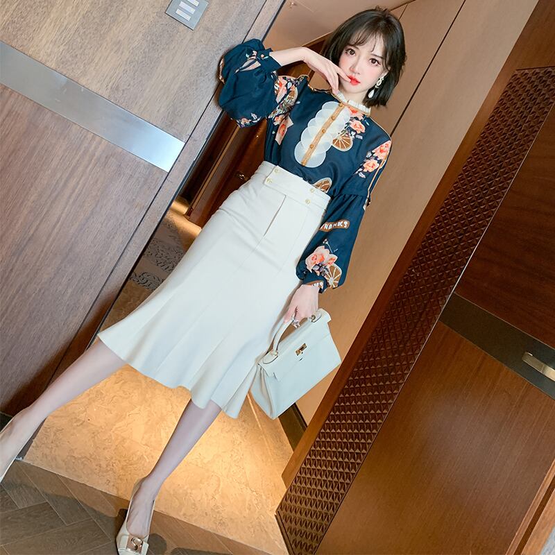 プリントスリーブシャツ スカート スプリングオータム ランタンスリーブ 春物 秋物 MIUCO36508556467