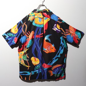 極美品 M レーヨン Caldwell ポロラルフローレン 半袖開襟シャツ 熱帯魚 総柄 黒 アロハ ブラック サカナ polo ralph lauren