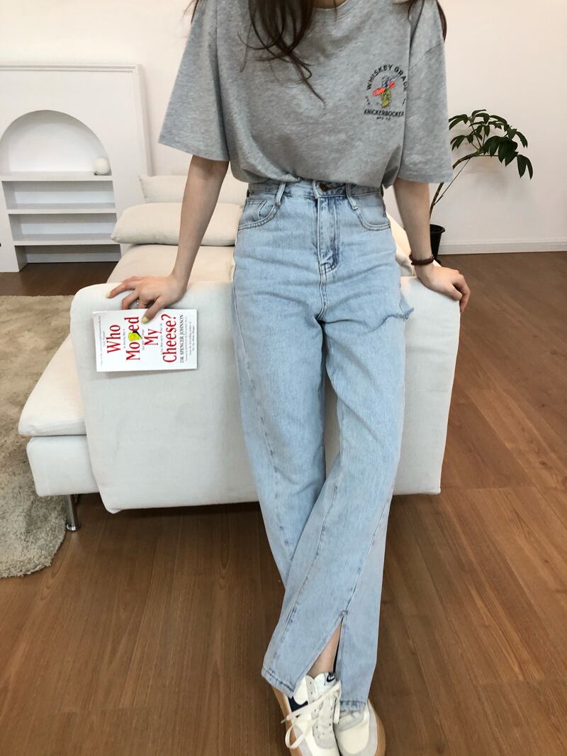 ハイウェストウェストパンツ スタンダードルーズスリットワイドレッグジーンズ レディース レッド レトロ ワイドパンツ ビッグFスモールZ韓国27122135927