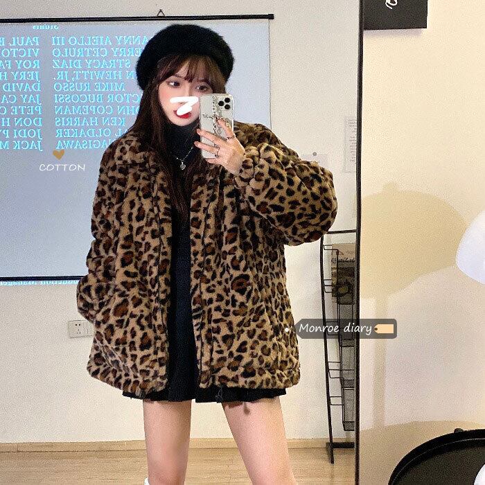 レオパードプリント柄ジャケット レディースオータムウィンターベルベットルーズ 秋物 冬物 モンロー75772711964
