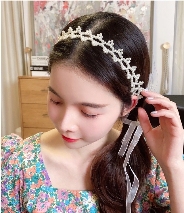 【イミテーションパール☆リボン ヘアバンド ヘッドバンド】ヘッドアクセサリー ターバン カチューシャ リボン シフォン イミテーションパール カジュアル デイリー パーティープレゼント プチプラ 大人可愛い