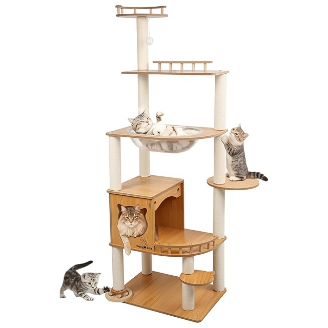 在庫処分】CozyMeow キャットタワー 突っ張り 木製 キャットツリー 木