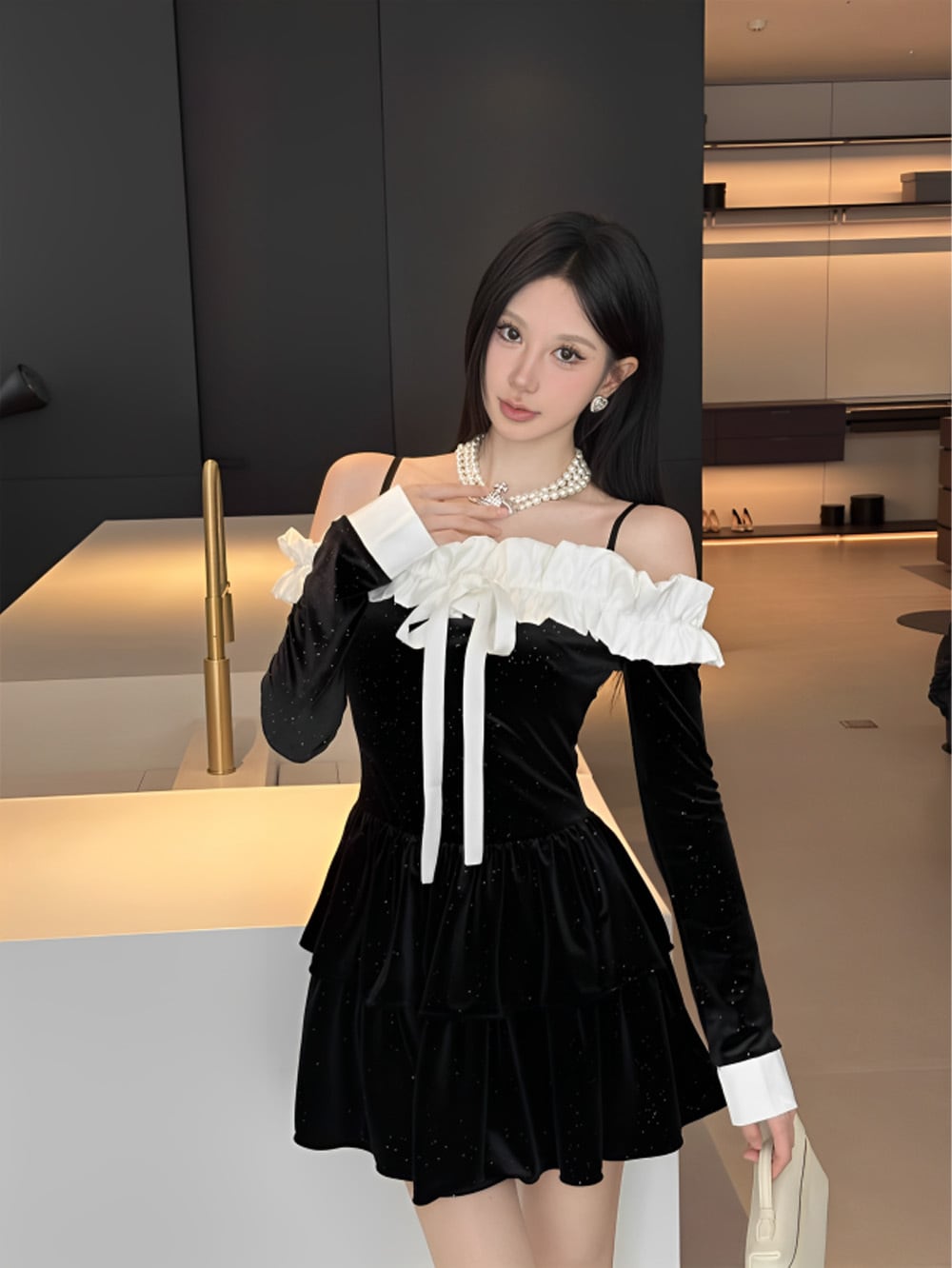 ブラックスパンコールキャミソールオフショルダーワンピース|Atelier Item