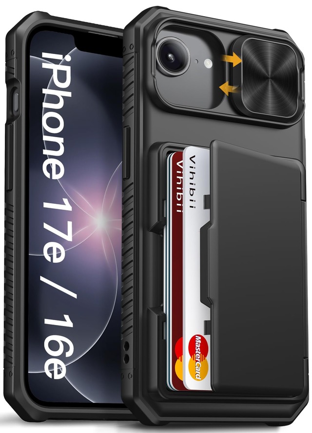 Vihibii iPhone16e/17e用ケース 背面 カード収納(3-5枚) スライド式カメラレンズ保護 米軍MIL規格(ブラック)