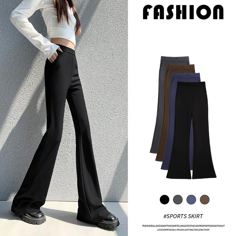 2026 春夏黒ベルボトムパンツ女性ハイウエストタイトフィットワイドレッグパンツ韓国痩身オフィスレディパンツ