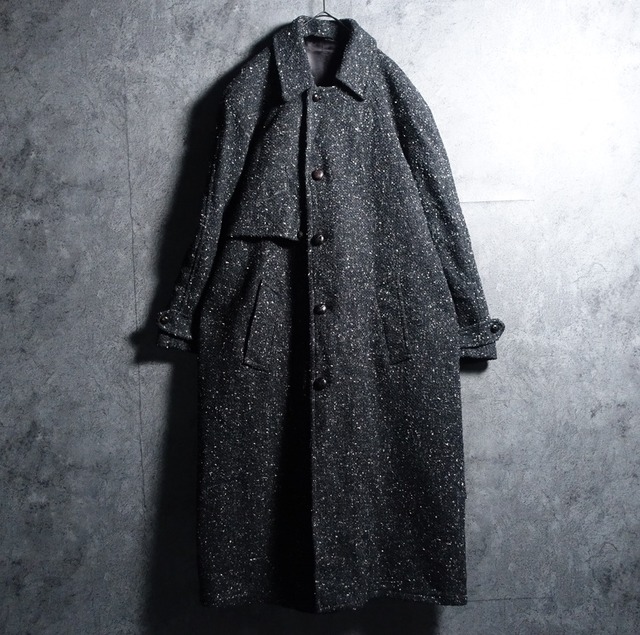 80s “FIDELITY” Dark Gray Maxi Length Balmachan Loop Tweed Coat