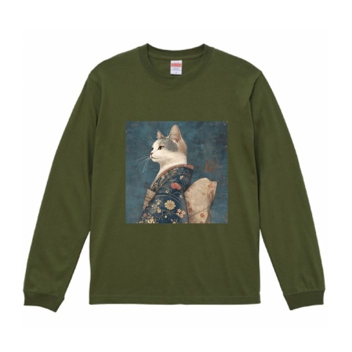 「凛と佇む、花模様の麗しき江戸猫」ロンT リブ付/ "A dignified Edo cat with a beautiful floral pattern" sweatshirt with ribbing