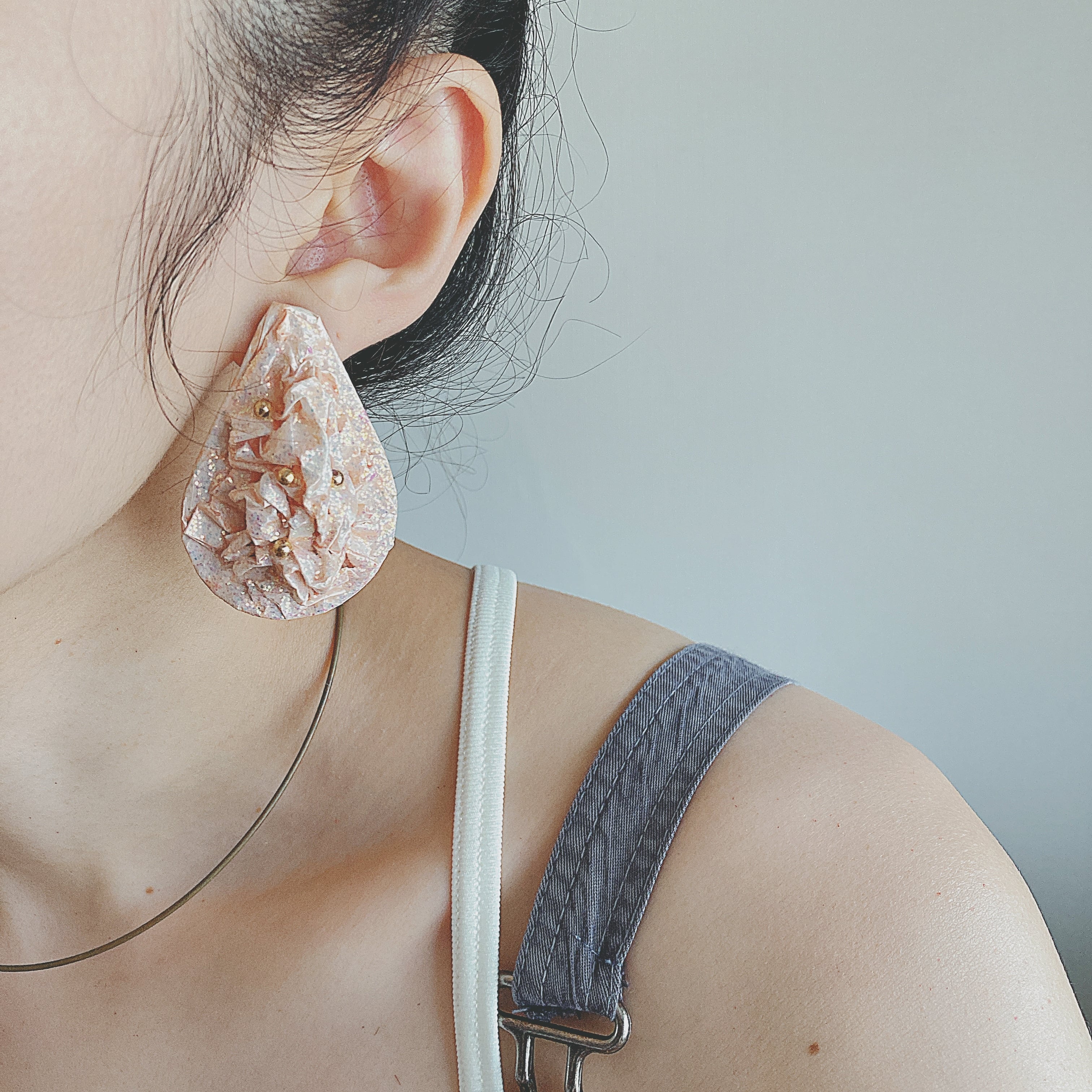 Vintage pink paper glitter earrings ヴィンテージ ピンク ペーパー グリッター ラメ ピアス b1457