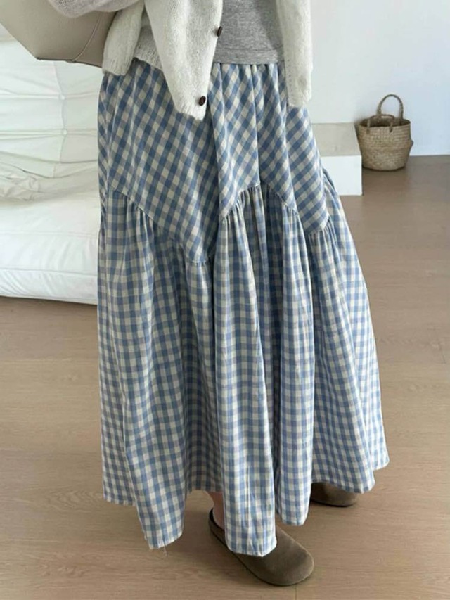 品よく着こなすキュートな大人フレア ギンガムチェックティアードロングスカート チェック柄 大人可愛い カジュアル ガーリー Aライン お出かけ デート 体型カバー 大きいサイズ 韓国 CH10557