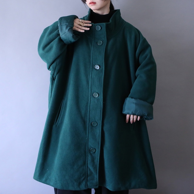 zip and button high-neck hooded wool coat