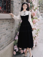 【0136】Black Chic Ribbon Velvet Long Sleeve Dress
