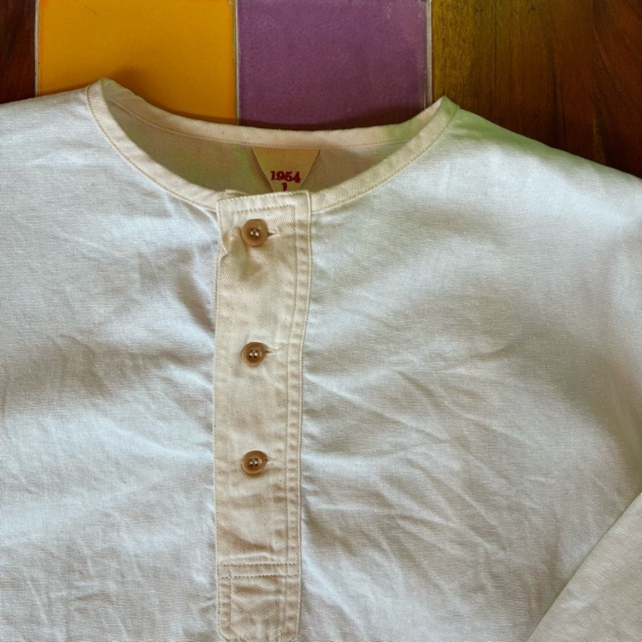 French type Linen cotton Henley shirt L/S White　フランスタイプ　リネンコットンヘンリーネックシャツ　ホワイト　L/S　ファッション　ユニセックス　軍物　フランス軍　ミリタリー　長袖　インナー　ブラウス