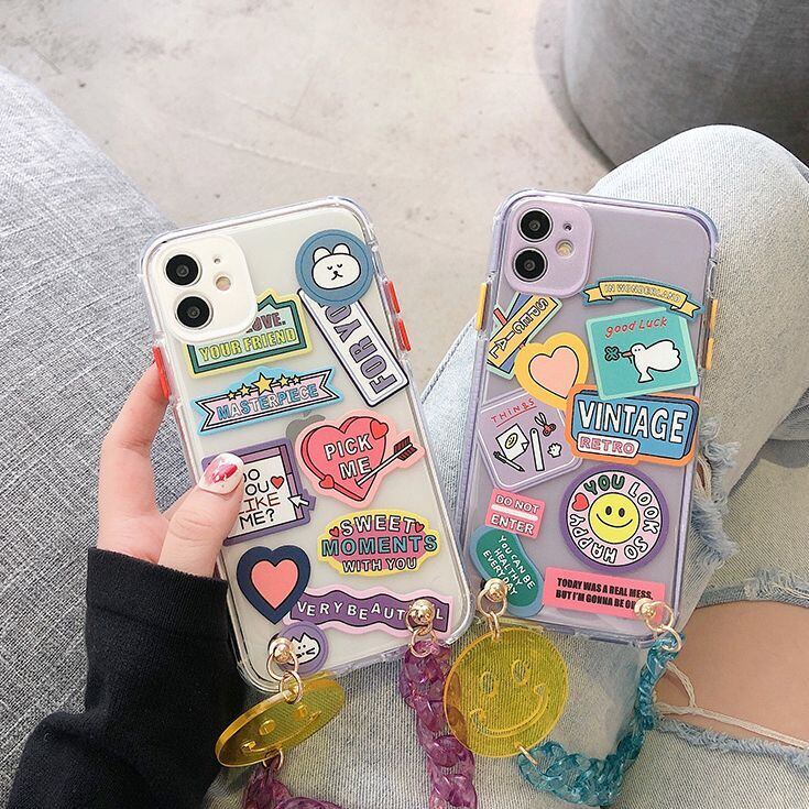 送料無料 チェーン付き Iphoneケース ポップ クリア ニコちゃん ステッカー風 落下防止 スマホカバー 可愛い 学生 ファンシー Lamitte Deco トレンド 韓国ファッション ショップ Base店