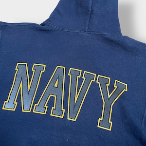 【SOFFE】90s USA製 リフレクター付き ロゴ プリント US NAVY バックプリント パーカー プルオーバー スウェット フーディー hoodie S ネイビー ソフィー 米軍 アメリカ軍 ミリタリー us古着