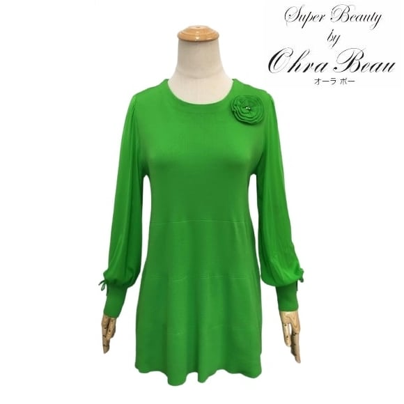 スーパービューティー チュニック 袖パワーネット ニット 2421009 グリーン 2024/2025年秋冬 オーラボー 大人かわいい服 大人スタイル キレイメ Super Beauty レディース アパレル 女性 M L LL 30代 40代 50代 60代