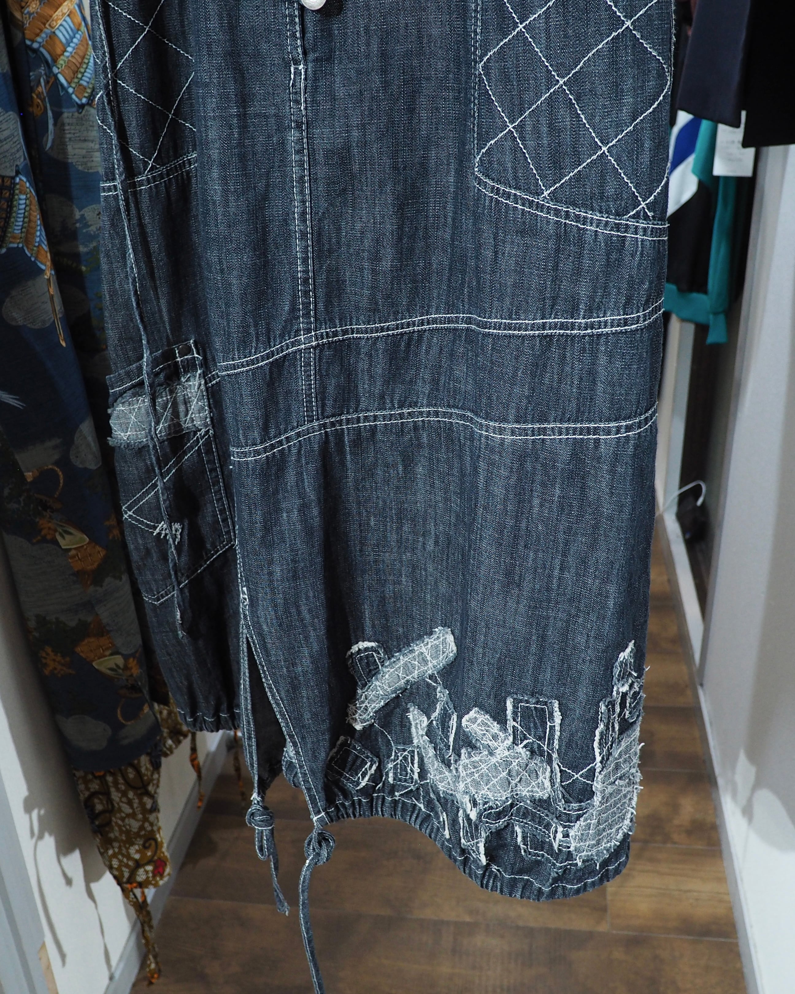 Random Patchwork × White stitch Embroidery vintage Indigo Denim Onepiece